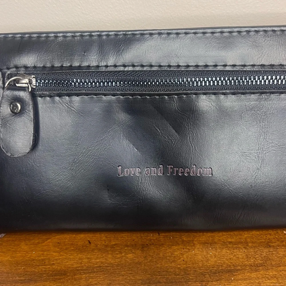 Love and Freedom Black Wallet with Heart-Shaped ID Window NWOT